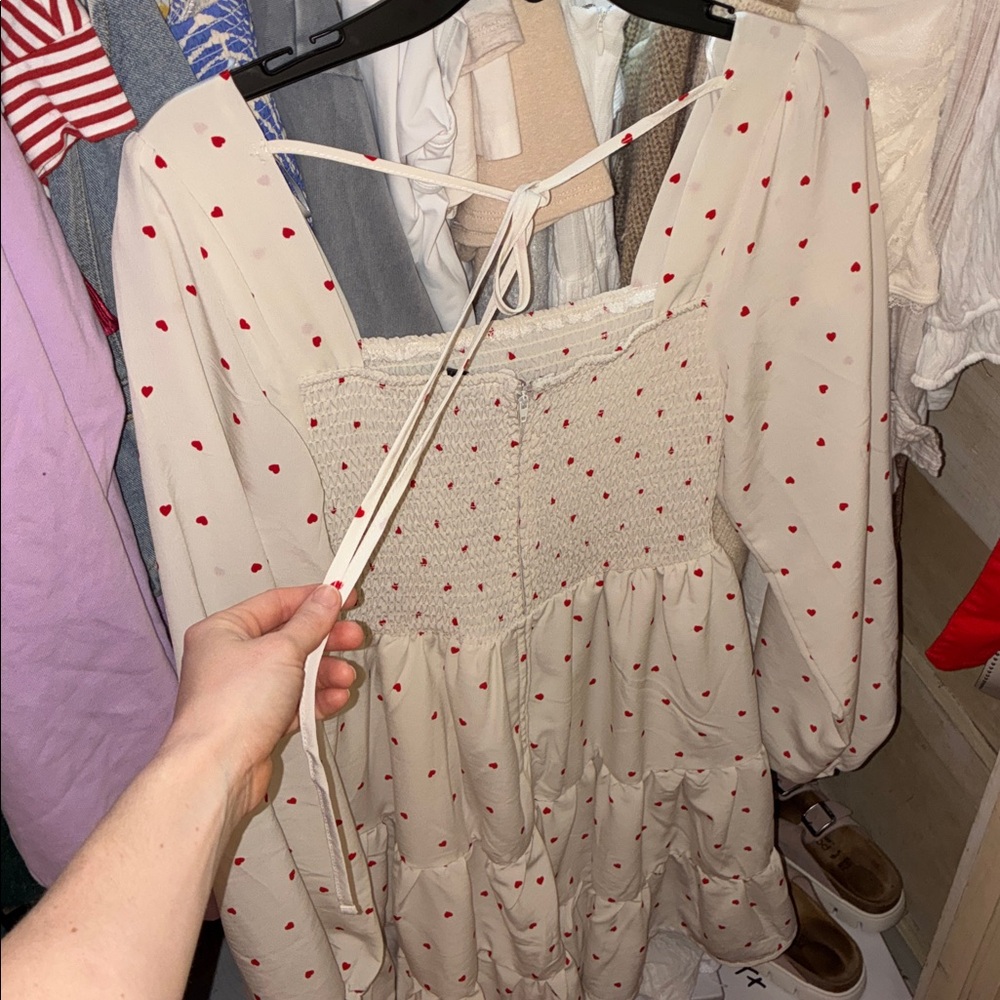 Francesca's Valentine’s White Long-Sleeve Dress with Red Heart Print - Picture 2 of 2